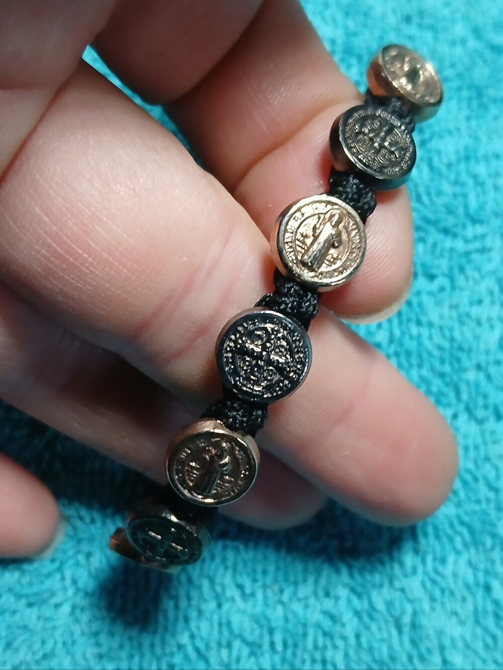 Gold Coin Charm Black Cord Bracelet Christian Catholic Religious Jewelry